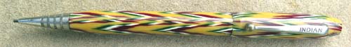 INDIAN COMBO FOUNTAIN PEN IN YELLOW, GREEN, AND RED PATTERN. WARRANTED 14k NIB, NICKEL PLATED TRIM
